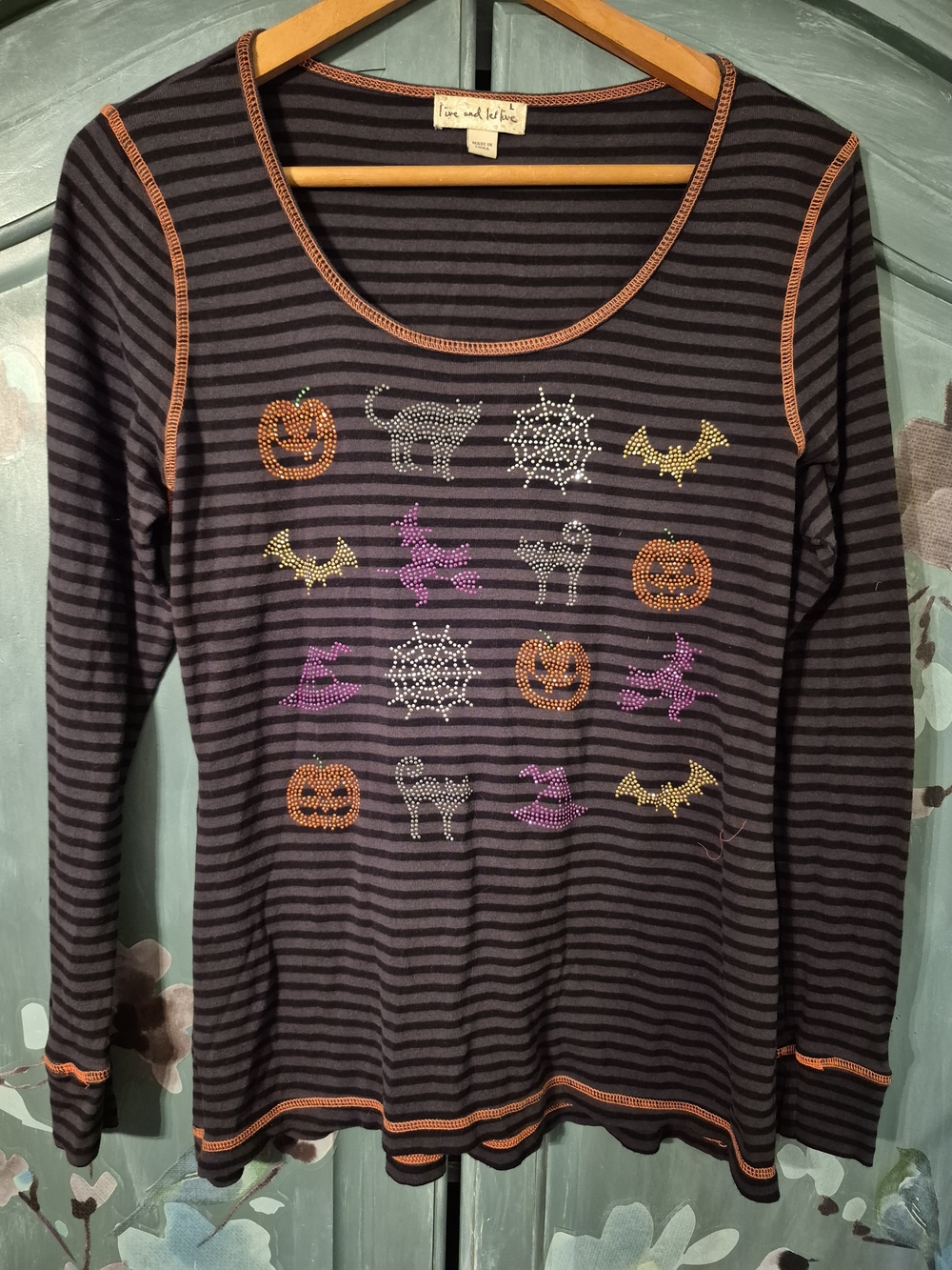 live and let live Black and Gray Striped Halloween Rhinestone Long Sleeve Top